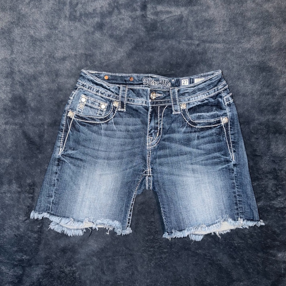 Miss Me Faded Blue Distressed Denim Mid-Rise Mid-Shorts